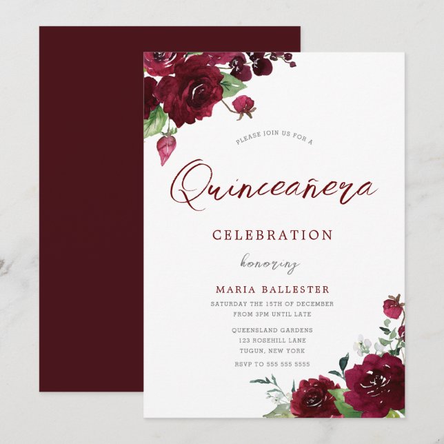 Convite Maroon Watercolor Flowers Quinceanera (Frente/Verso)