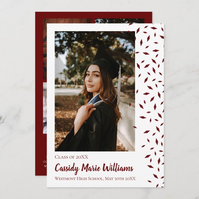 Convite Maroon White Confetti Graduation Announcement (Frente/Verso)