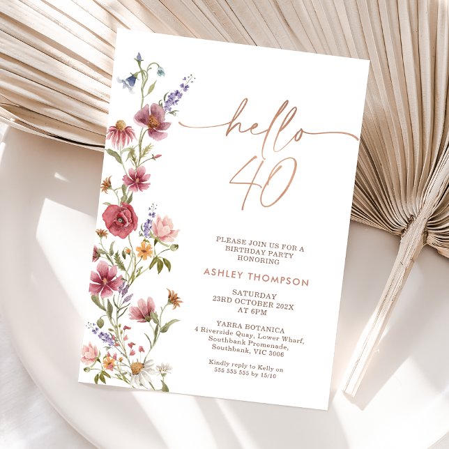 Convite Maroon Wildflower Hello 40 Quarenta Aniversário (Wildflower 40th Birthday Invitation Women, Hello Forty Editable Invitation Template, Boho 40th )