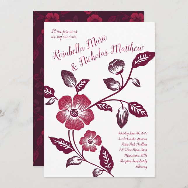 Convite Maroon Wine Dark Letterpress Casamento Floral (Frente/Verso)