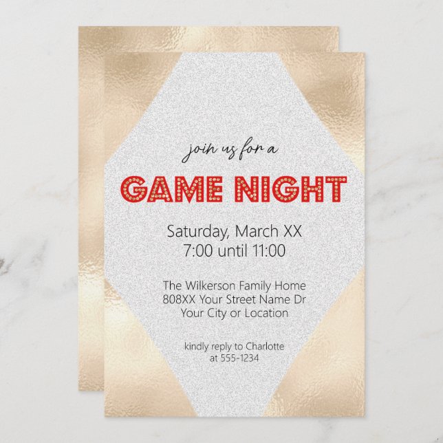 Convite Marquee Sign on Dourado Game Night Party (Frente/Verso)