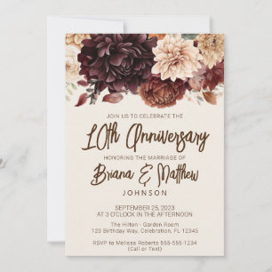 Convite Marrom Bege Marfim Floral 10º Aniversário de Casam