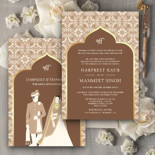 Convite Marrom Bege Marfim Padrão Anand Karaj Casamento Si