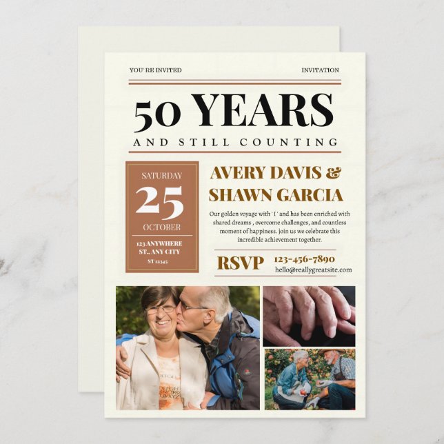 Convite Marrom Bege Simples Grade Jornal 50º Aniversário (Frente/Verso)