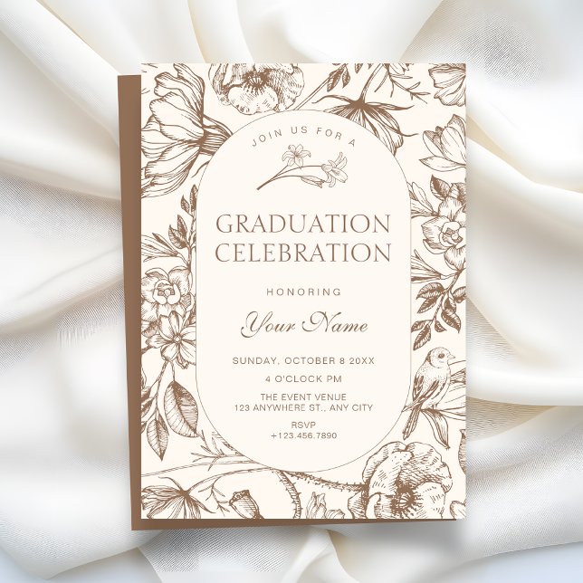 Convite Marrom Clássico floral artístico graduação (Criador carregado)