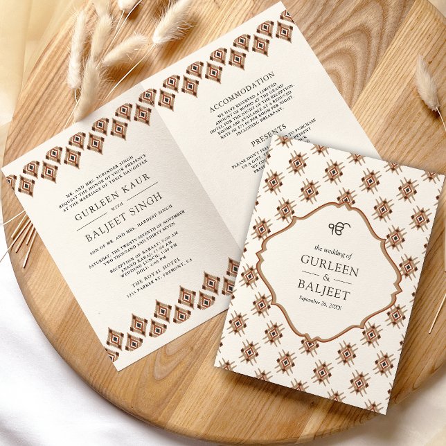 Convite Marrom Creme Ikat All in One Casamento Sikh (Criador carregado)