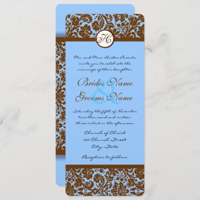 Convite Marrom Damask On Powder Blue Weding Invitation (Frente/Verso)