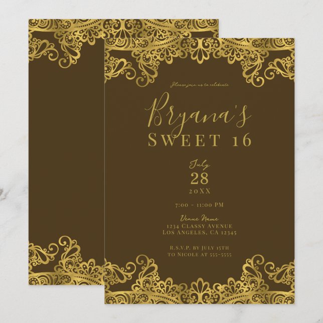 Convite Marrom e Dourado Renda Festa Elegante Doce 16 (Frente/Verso)