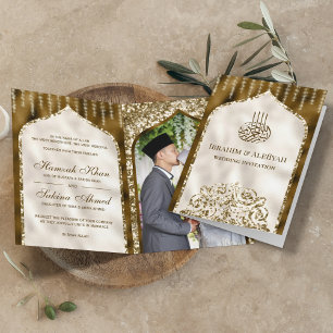 Convite Marrom e Marfim Dourado Vintage Arco Islâmico Casa