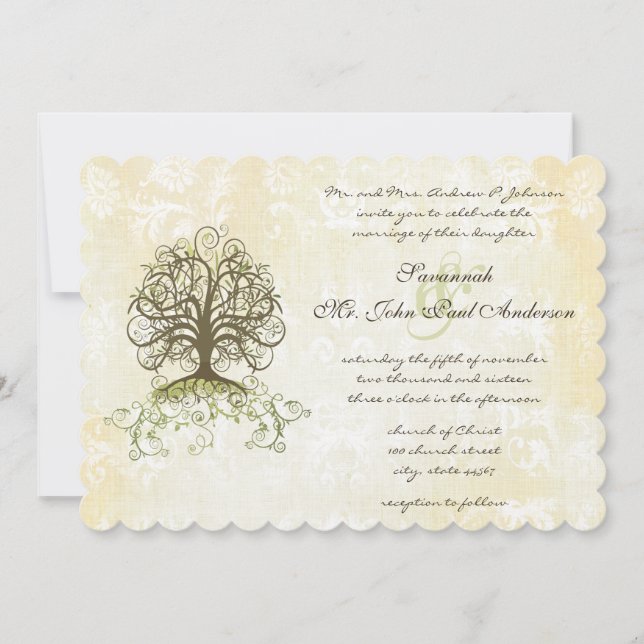 Convite Marrom e Moss Green Swirl Tree Damask (Frente)