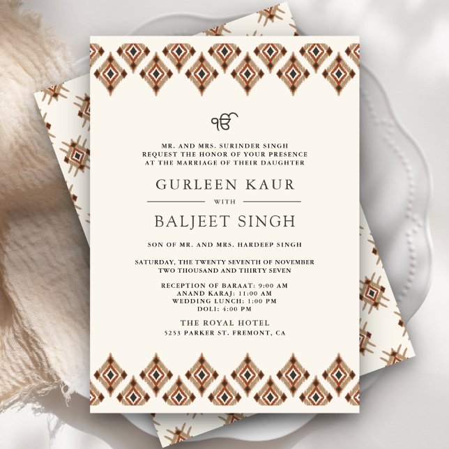 Convite Marrom Geométrico Ikat Anand Karaj Casamento Sikh (Criador carregado)