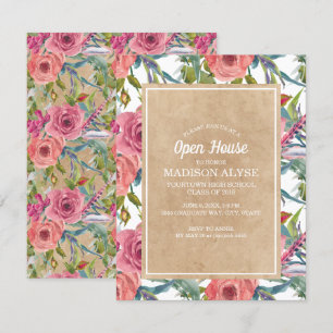 Convite Marrom Kraft Rosa Boho Floral Graduação Casa Abert