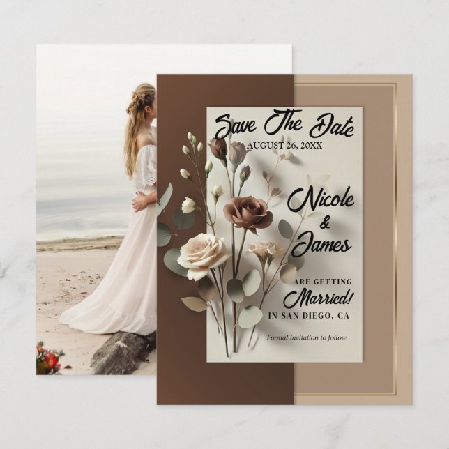 Convite Marrom Mocha Café Au Lait Neutro Floral Save Date (Frente/Verso)