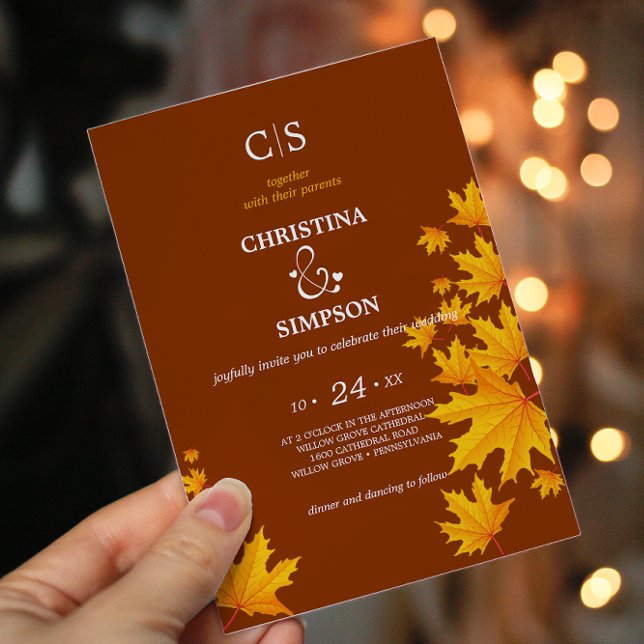 Convite Marrom no outono clássico deixa casamento (Brown Classic autumn maple leaves wedding  )