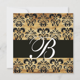 Convite MARROM PRETO DAMASCO PERGAMINHO MONOGRAMA, branco