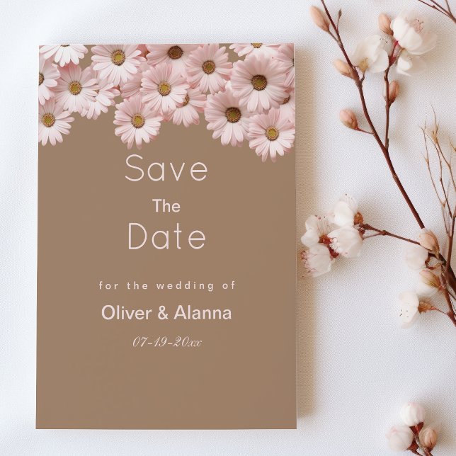 Convite Marrom rosa elegante marrom marrom floral Salve a  (Elegant pink brown daisies floral Save The Date)