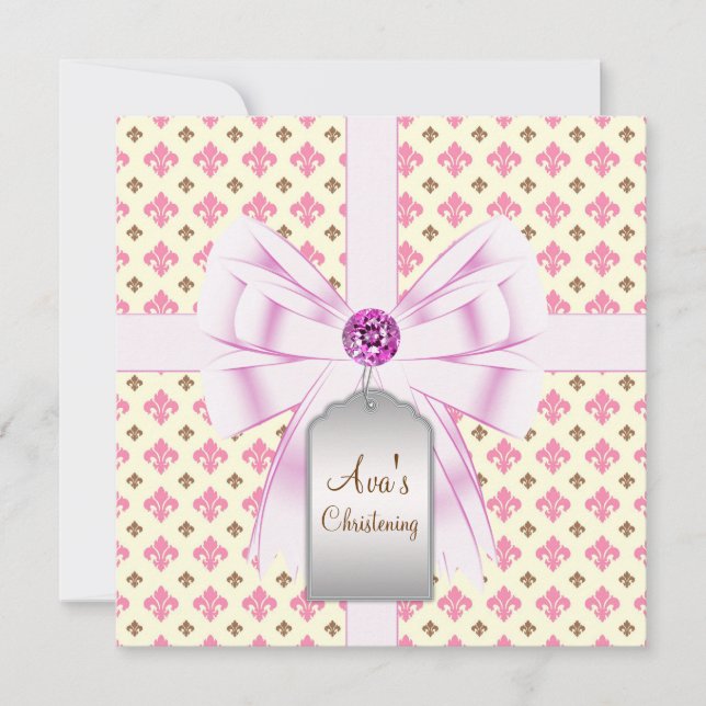Convite Marrom Rosa Fleur de Lis Batizado de Bebê (Frente)