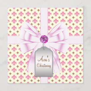 Convite Marrom Rosa Fleur de Lis Batizado de Bebê