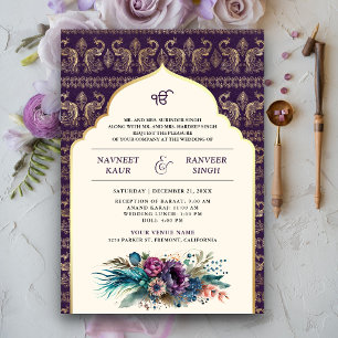 Convite Marrom-roxo Marfim Anand Karaj Casamento Sikh