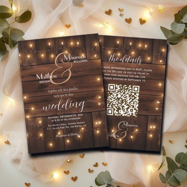 Convite Marrom Wood Rustic String Luzes QR Code Casamento (Criador carregado)