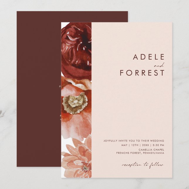 Convite Marsala Autumn Floral | Blush All In One (Frente/Verso)