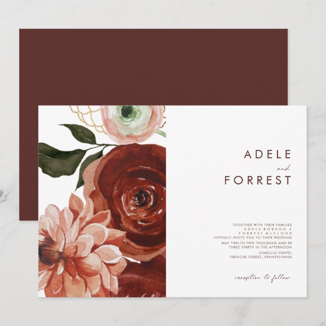 Convite Marsala Autumn Floral | Casamento Horizontal Branc (Frente/Verso)