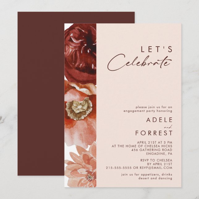 Convite Marsala Autumn Floral | Celebração do Vamos (Frente/Verso)