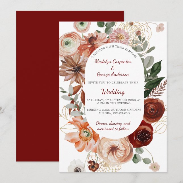 Convite Marsala Autumn Floral Frame Wedding (Frente/Verso)