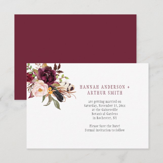 Convite Marsala Boho Florais Salve o Dia (Frente/Verso)