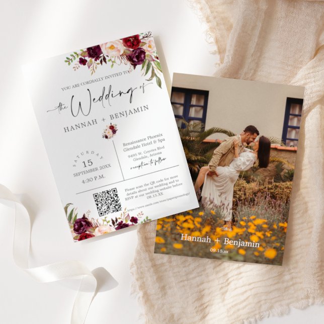 Convite Marsala Boho Wedding Moderno Código QR Mínimo Foto (Criador carregado)