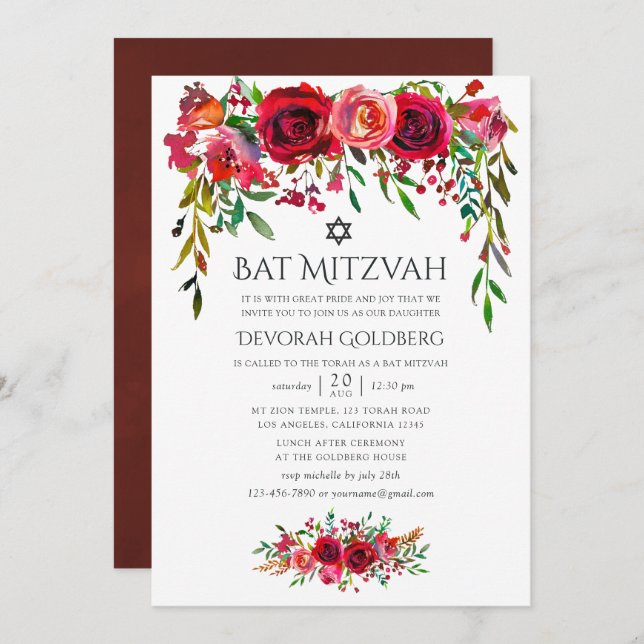 Convite Marsala-Burgundy Bat Mitzvah (Frente/Verso)