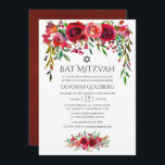 Convite Marsala-Burgundy Bat Mitzvah<br><div class="desc">Convites de morcegos florais de aquarelas com rosas e peônias vermelho-borrifadas e cor-de-rosa.</div>