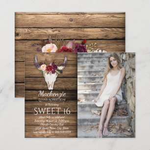 Convite Marsala Burgundy Flores Vaca Crânio Foto Sweet 16