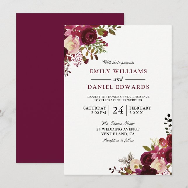 Convite Marsala Burgundy Red Floral Casamento (Frente/Verso)