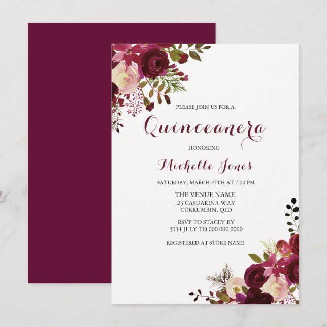 Convite Marsala Burgundy Red Floral Primavera Quinceanera (Frente/Verso)
