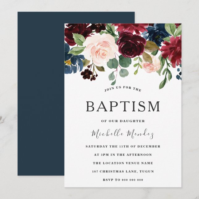 Convite Marsala Burgundy Watercolor Flores Baptism (Frente/Verso)