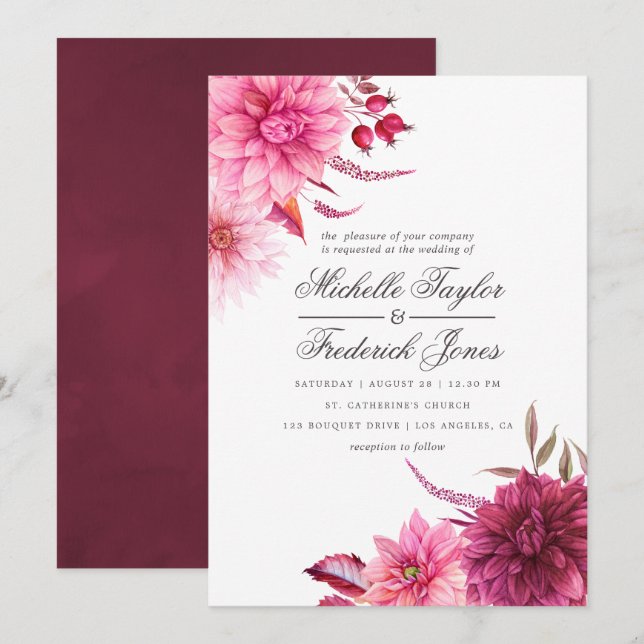 Convite Marsala - Casamento Outono Burgundy e Rosa (Frente/Verso)