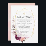 Convite Marsala e Blush Floral Geométrico Bat Mitzvah<br><div class="desc">Boho burgundy red e blush cor-de-rosa morcego floral mitzvah convite com peonias e rosas com estrutura geométrica dourada personalizável para suas especificidades de evento.</div>