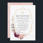 Convite Marsala e Blush Floral Geométrico Bat Mitzvah<br><div class="desc">Boho burgundy red e blush cor-de-rosa morcego floral mitzvah convite com peonias e rosas com estrutura geométrica dourada personalizável para suas especificidades de evento.</div>