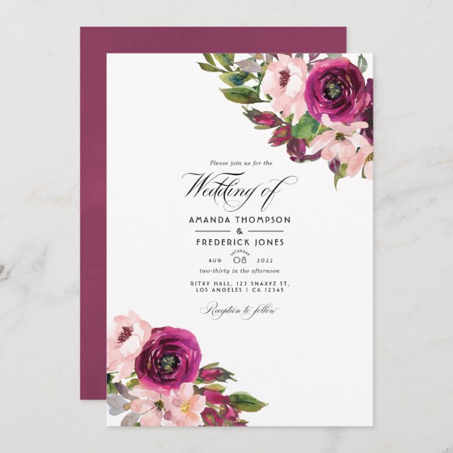 Convite Marsala e Blush Floral Wedding Foto (Frente/Verso)