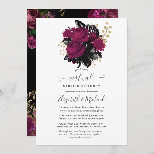 Convite Marsala e Dourado Casamento Virtual Floral (Frente/Verso)