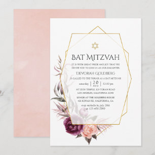 Convite Marsala e Floral Bege Geométrico Bat Mitzvah
