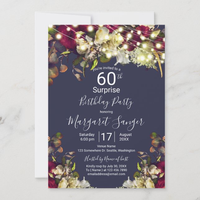 Convite Marsala e Ivory Watercolor Rosa Surprise Party (Frente)