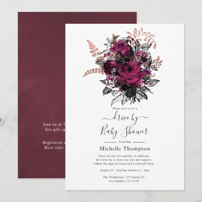 Convite Marsala e Rosa Dourada Floral por Chá (Frente/Verso)