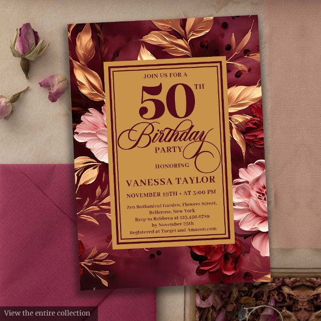 Convite Marsala, feminina, esfrega ouro floral 50 anos (Feminine marsala blush gold floral 50th birthday invite

)