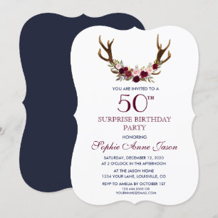 Convite Marsala Floral Antlers Marinho 50º Aniversário d