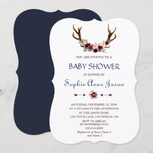 Convite Marsala Floral Antlers Marinho Blue Fall Chá de f