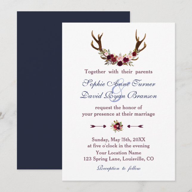 Convite Marsala Floral Antlers Marinho Casamento outono Az (Frente/Verso)