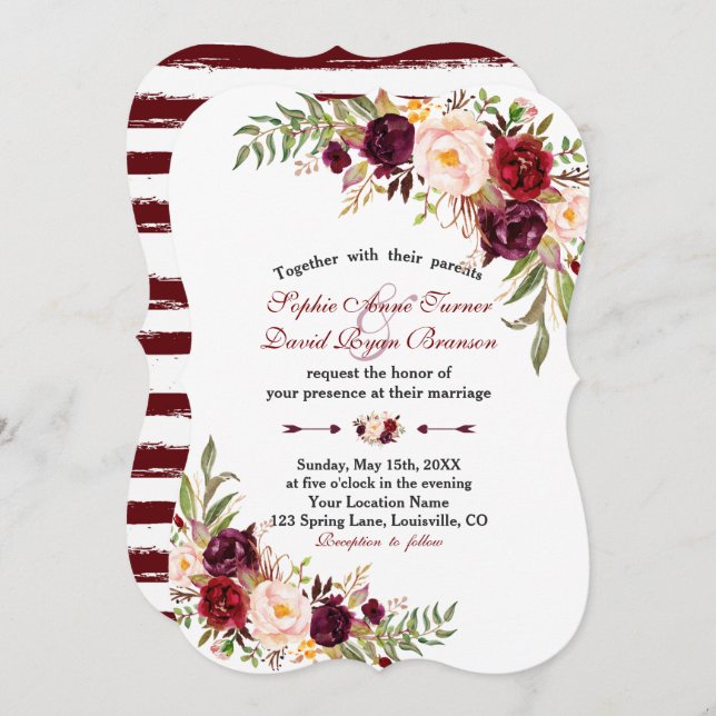Convite Marsala Floral Burgundy Stripes Casamento (Frente/Verso)