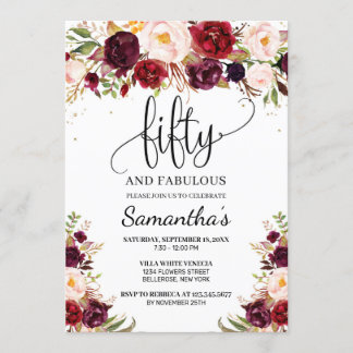 Convite Marsala floral, floral, cor-de-rosa, 50 anos
